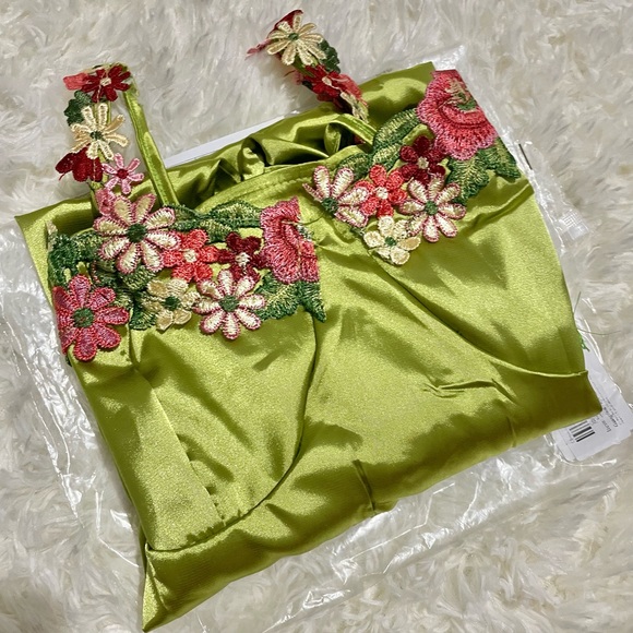 NWT lime satin flower chain strap chartreuse mini bustier embroidered slip dress - Picture 4 of 13